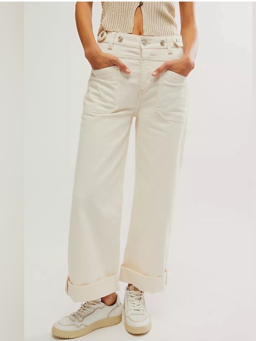 Women’s Free People Palmer Cuff Wide Leg Jeans in White 28